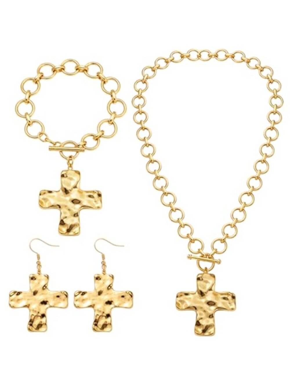3 Pc Gold Tone Chunky Cross Jewelry Set Necklace Bracelet Earrings